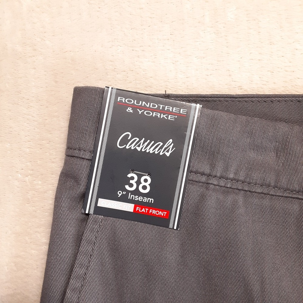 Roundtree & Yorke Casuals Mens Flat Front Chino Shorts 38 Gray 9" Inseam Stretch - Picture 3 of 9